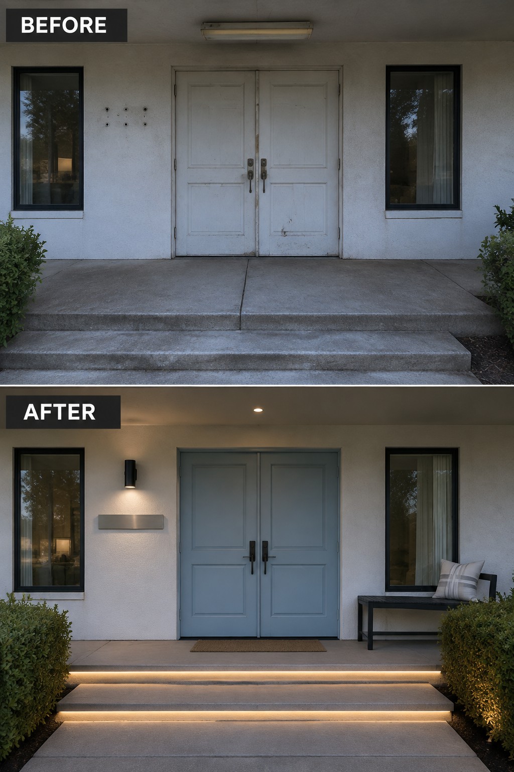 Before-after renovation of entry with blue doors, wall light, bench and glowing steps.