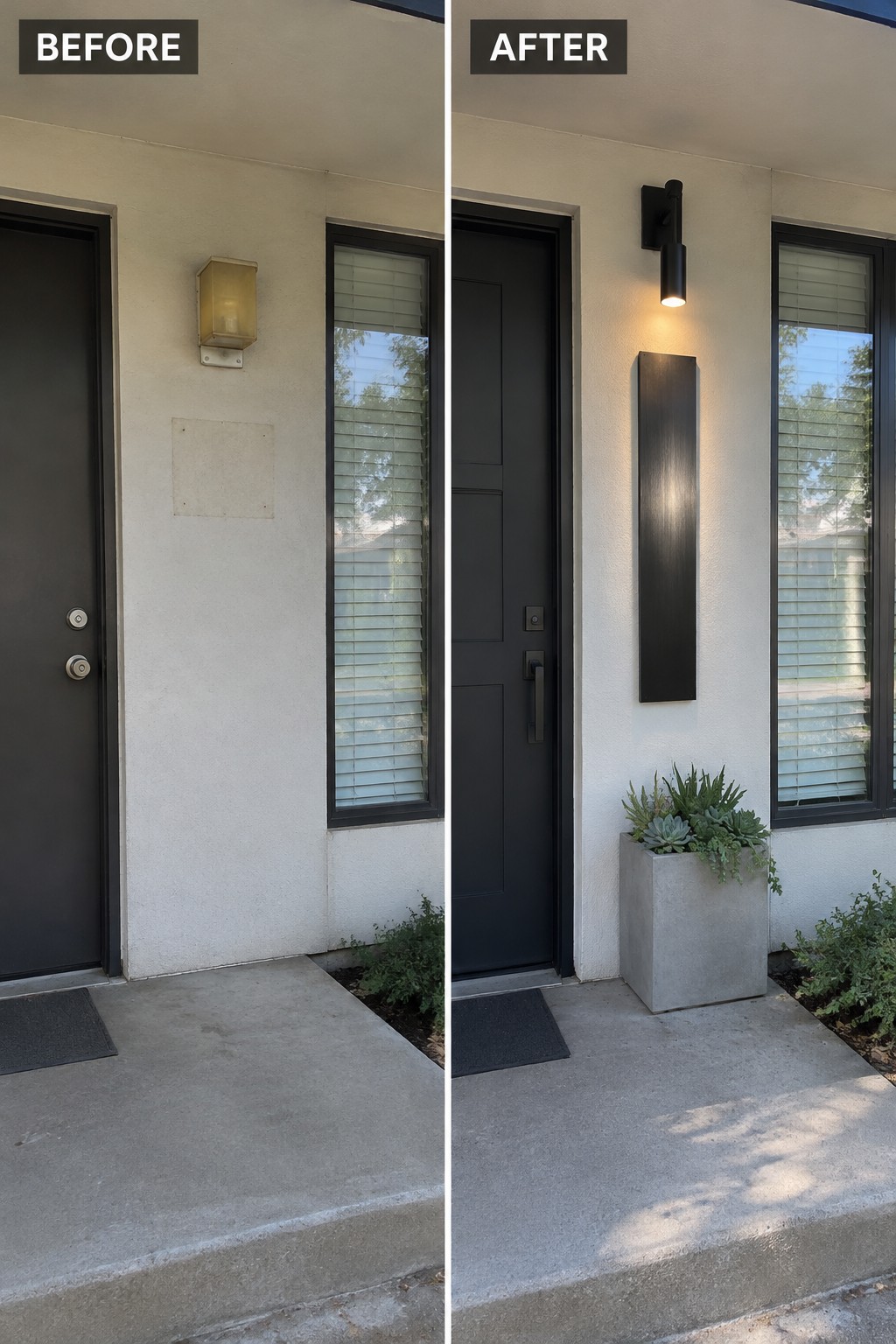 Before-and-after image of a house entry showing an old wall sconce replaced by a modern vertical light fixture and a concrete planter added beside the door.