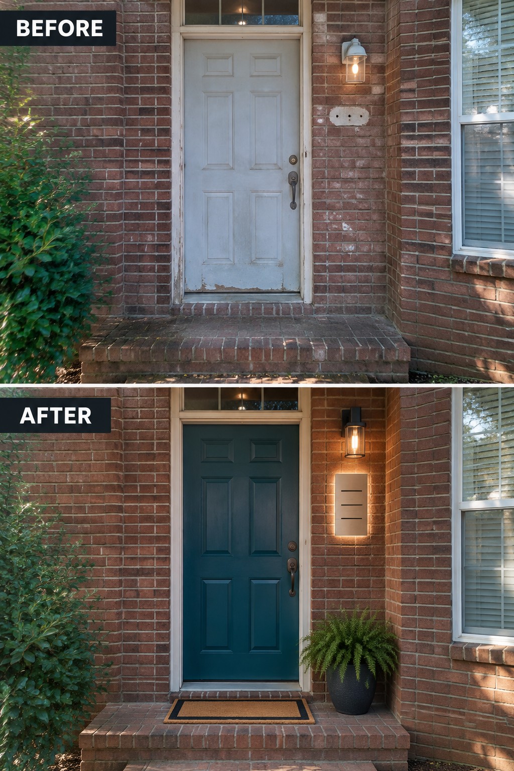 Before and after brick house entrance with door repainted from light blue to dark teal