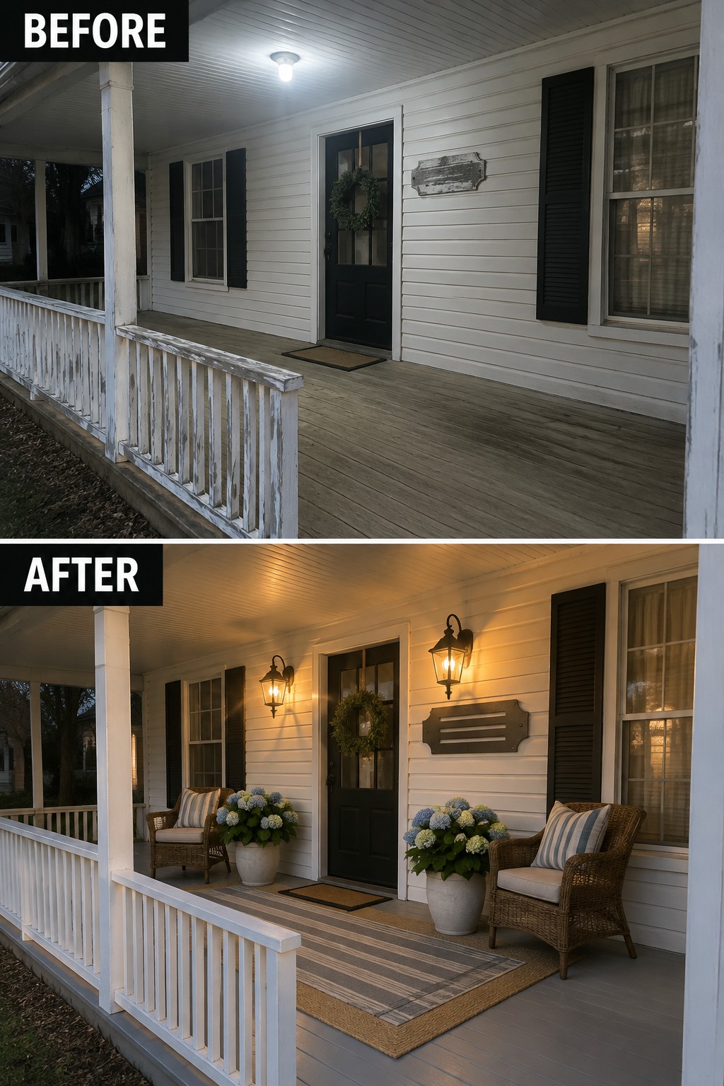 Before and after porch makeover with added chairs, plants, rug, and warm lights.