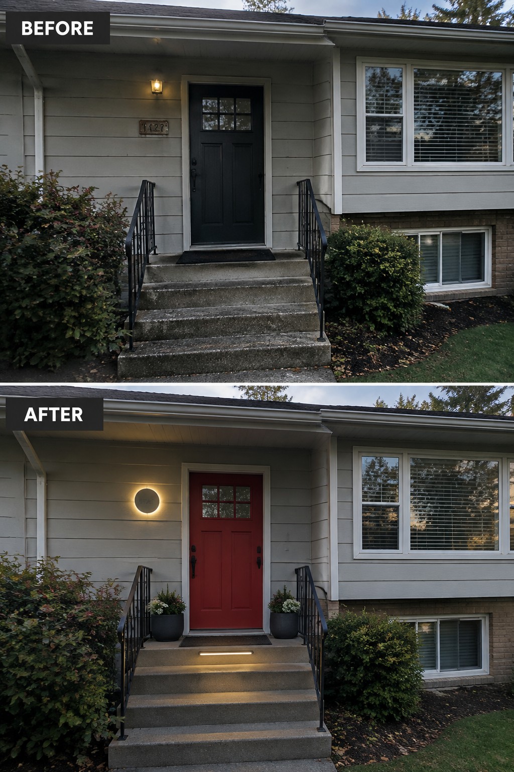 Before-and-after view of house entrance with red door, new lights and potted plants.