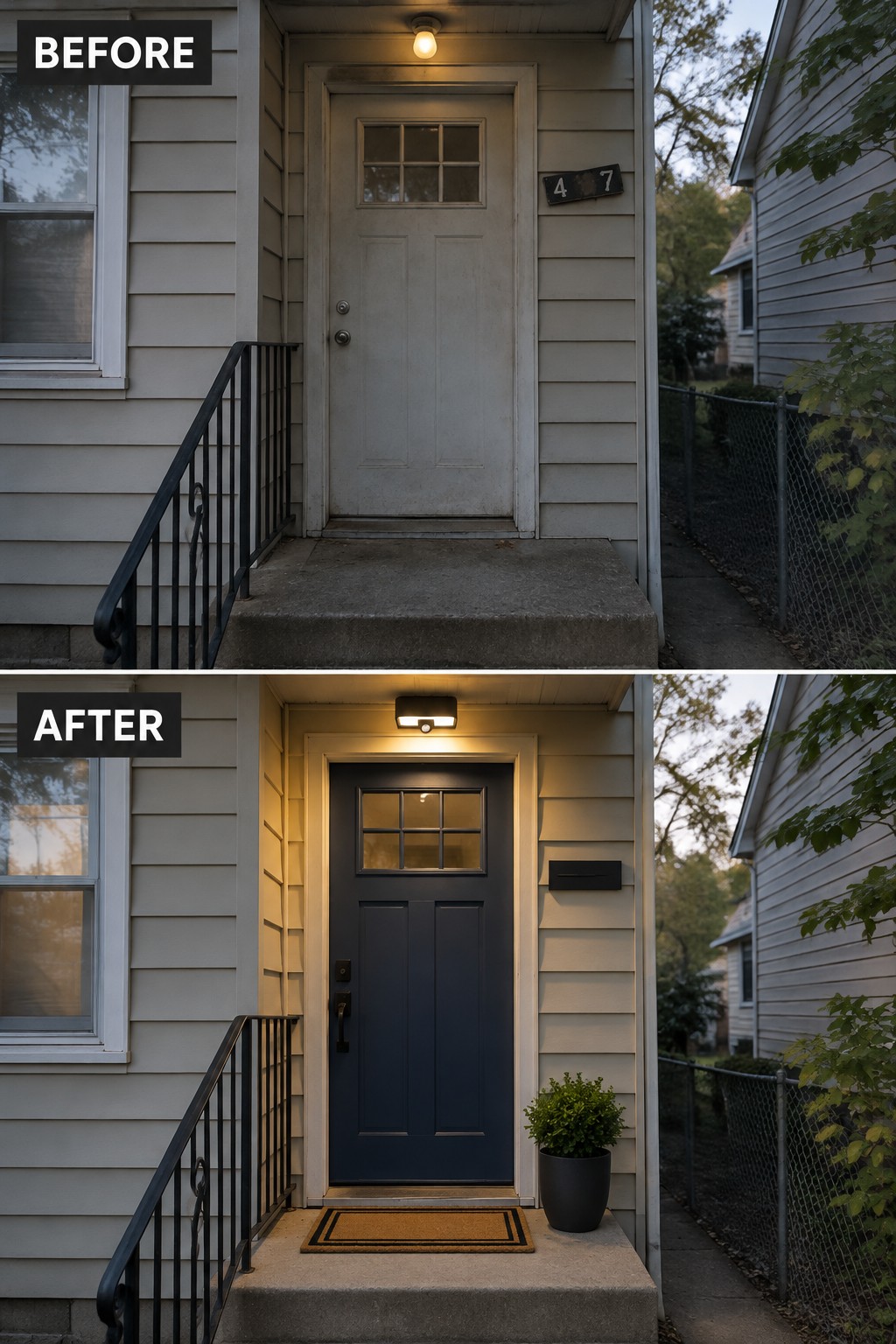 Before and after of a front door painted navy blue with new lighting and decor