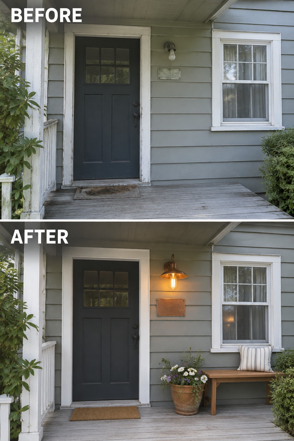 Before-and-after porch views with dark door, new light, bench, and potted flowers.