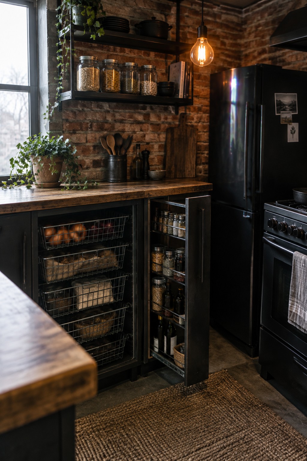 A narrow pull-out cabinet beside wire produce baskets holds jars and bottles in a kitchen.