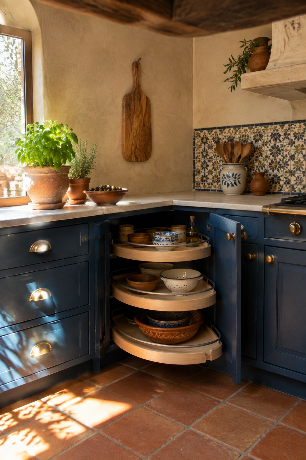 Open dark blue corner kitchen cabinet with three curved rotating shelves holding bowls, plates, and jars.