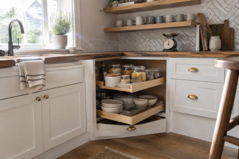 17 Genius Lazy Susan Alternatives for Hard-to-Reach Corner Cabinets White corner kitchen cabinets with two open wooden pull-out drawers holding bowls, jars, and pantry items.