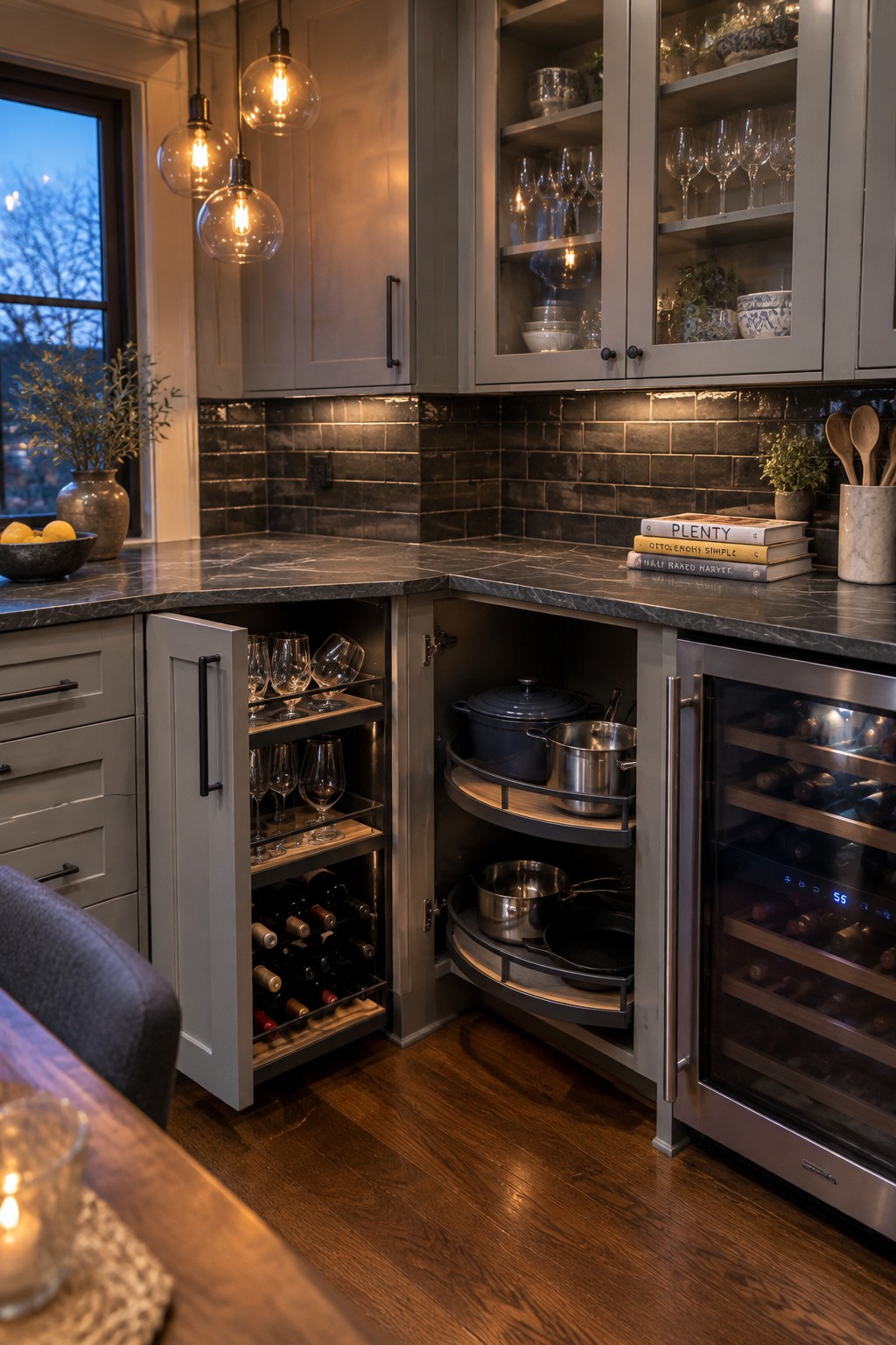 An open corner kitchen cabinet has two curved swing-out shelves holding pots and pans.