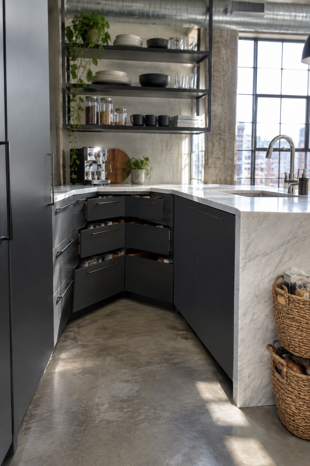Dark corner kitchen cabinets with several drawers open beneath a white marble countertop.