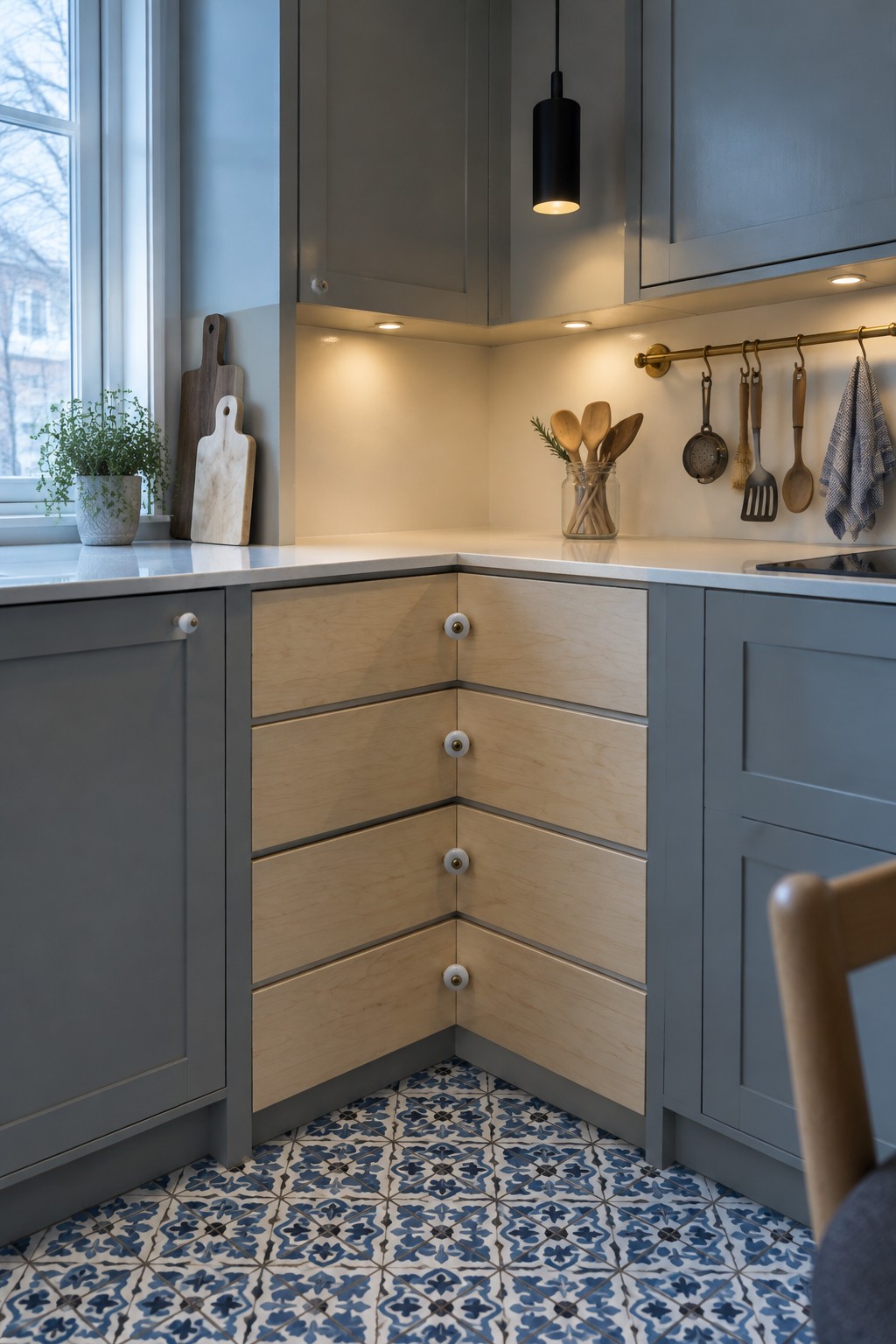 A kitchen corner cabinet with four stacked pale wood drawers between blue-gray cabinets.