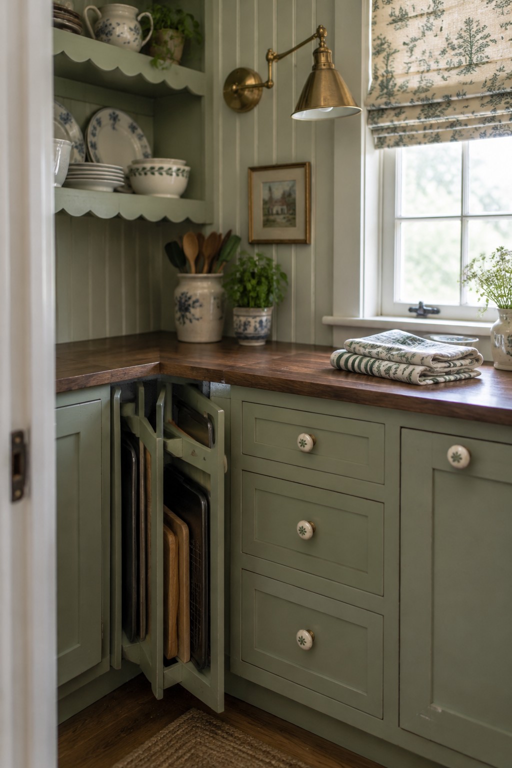 Sage-green corner cabinets include a narrow built-in slot holding several upright cutting boards beside a stack of drawers.