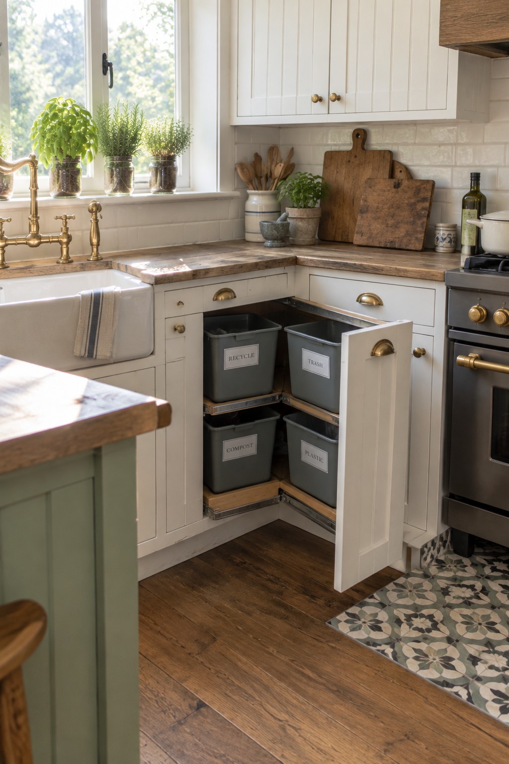 An open white corner cabinet holds four labeled bins on pull-out shelves, with a cabinet door swung open.