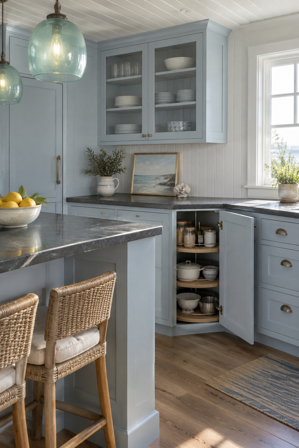 A light blue kitchen cabinet has an open corner door revealing two rotating wooden shelves holding dishes and pantry containers.