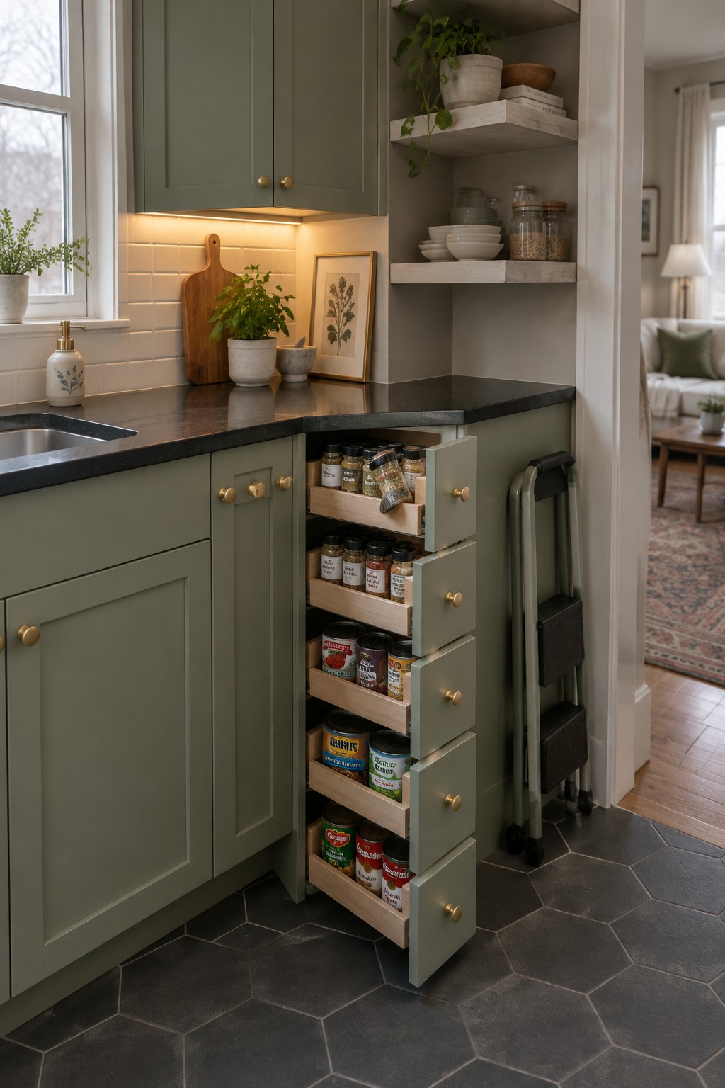 A narrow pull-out pantry with several trays of spices and canned goods beside sage-green kitchen cabinets.