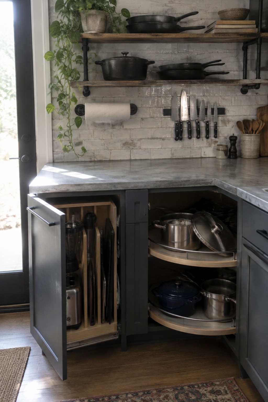 An open corner cabinet has two curved swing-out shelves holding pots and pans.