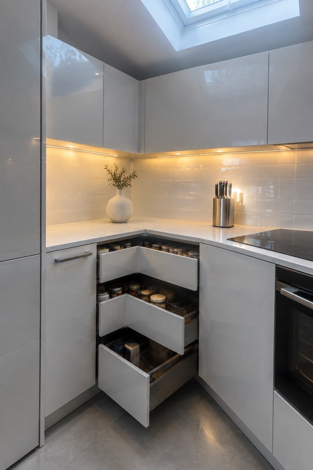 Three open angled drawers in a white corner kitchen cabinet hold jars and pantry items.