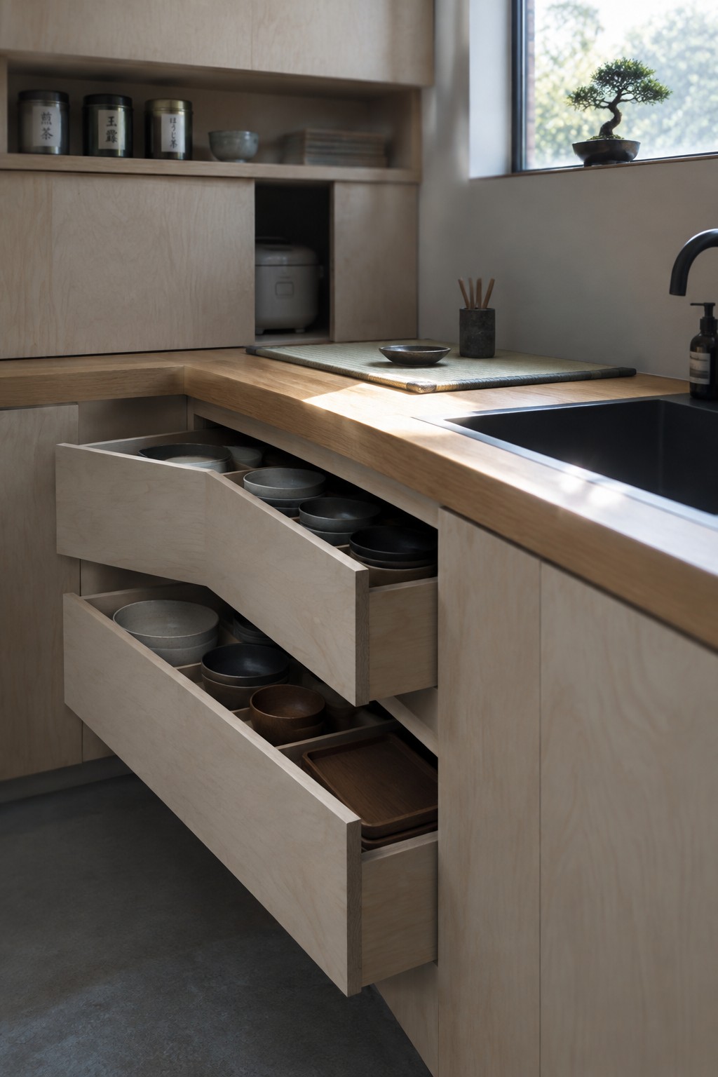 Two deep wooden kitchen drawers are pulled open to show neatly stored bowls and trays.