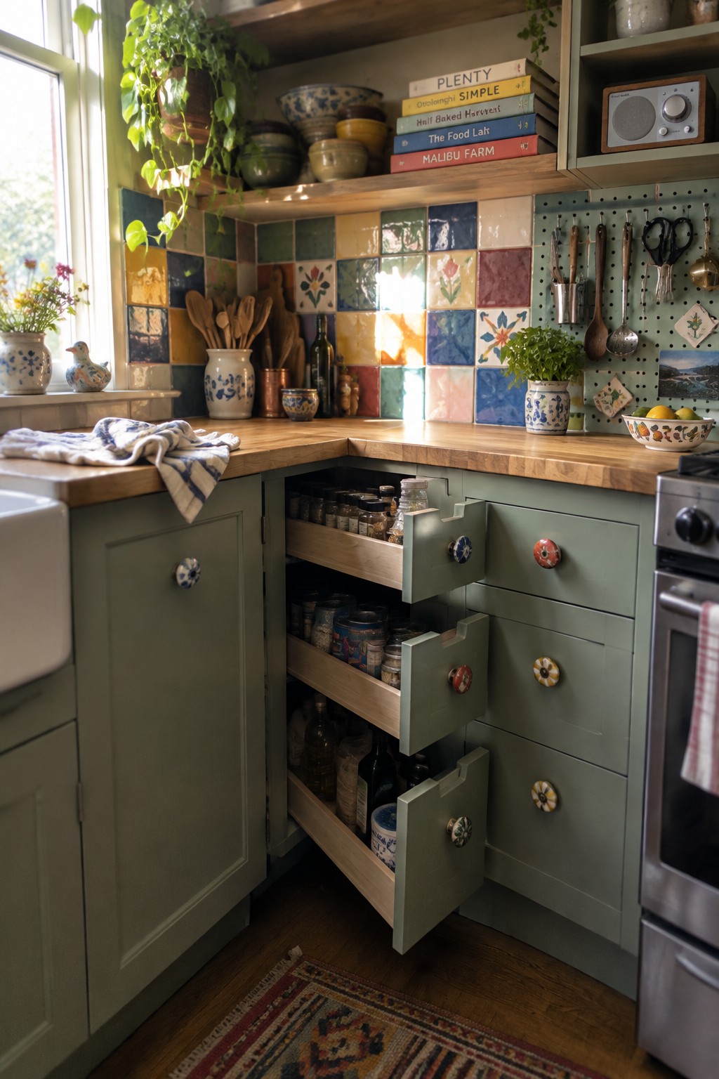 Sage-green corner cabinets have three deep drawers pulled open, revealing jars, containers, and bottles.