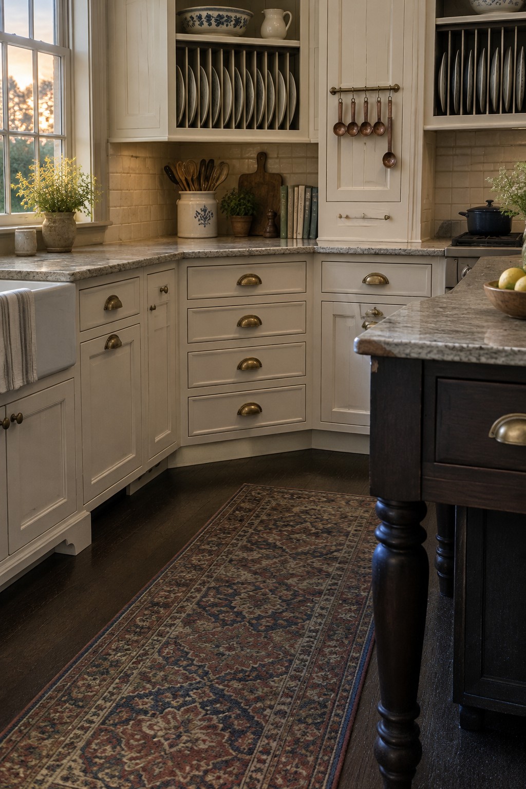 A cream-colored kitchen with open plate racks holding dishes above the counter.