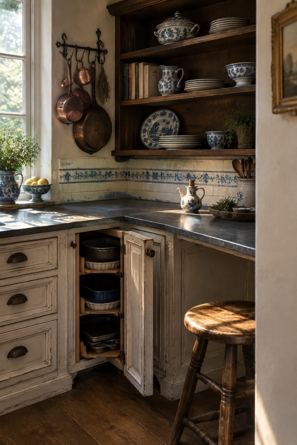 A rustic kitchen with open wooden shelves holding blue-and-white dishes above a countertop and corner cabinets.