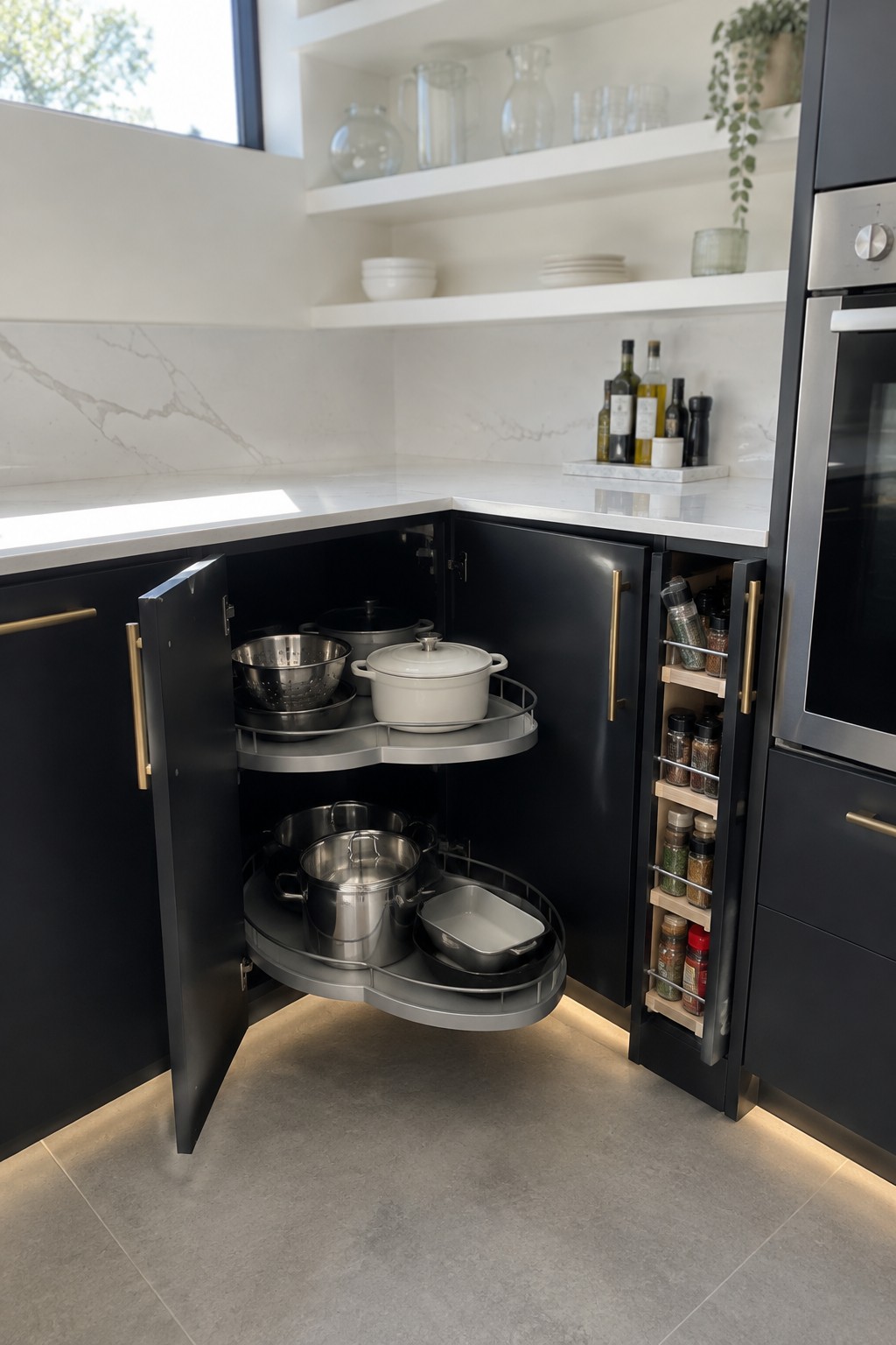 Two pull-out corner cabinet shelves hold pots and pans beside a narrow pull-out spice rack.