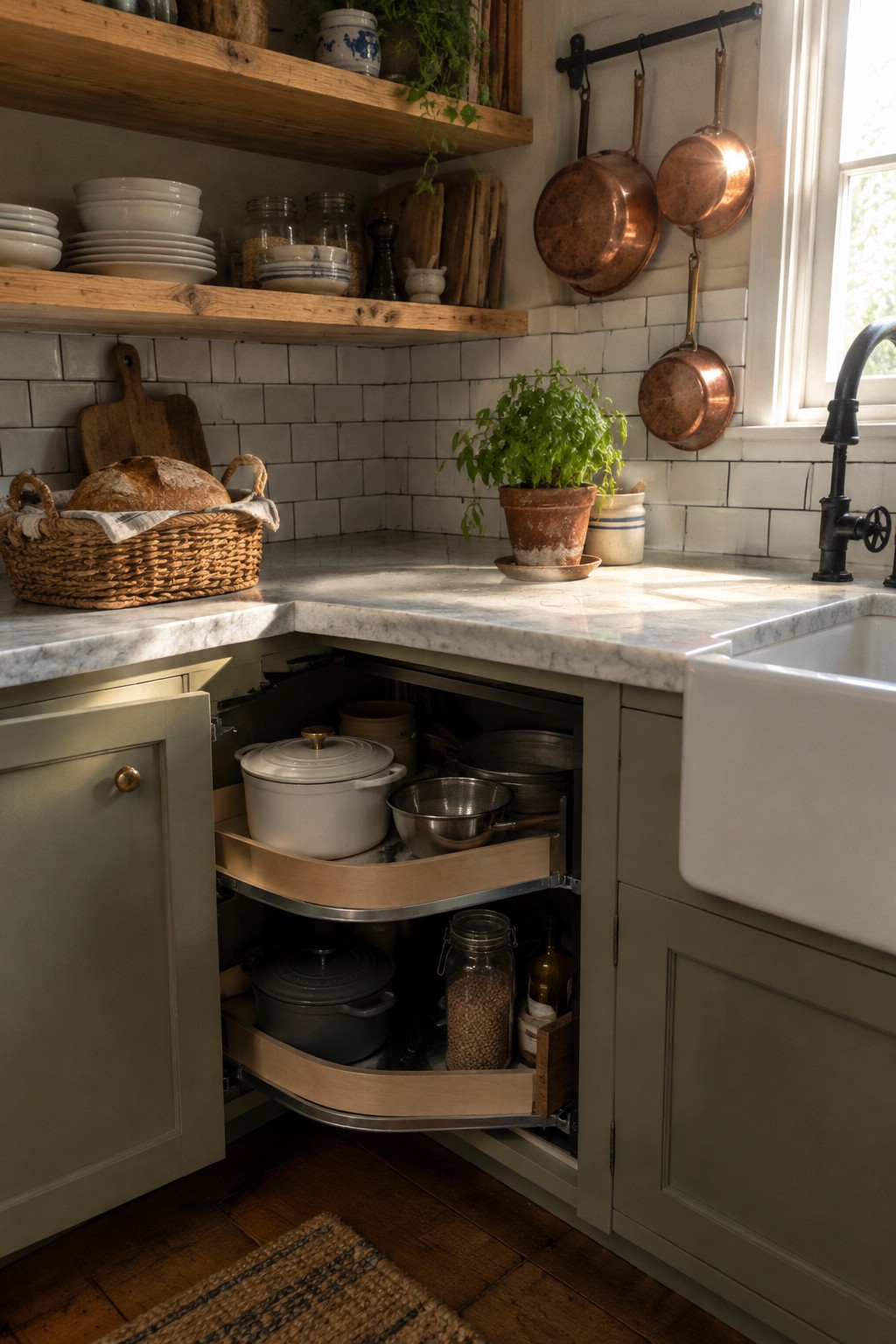 An open corner kitchen cabinet with two curved pull-out shelves holding pots, bowls, and pantry jars.