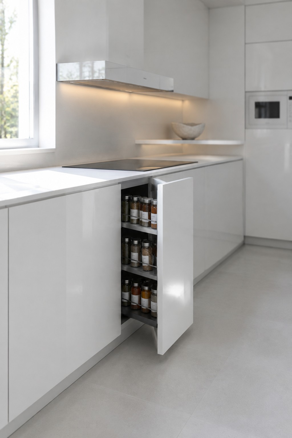A narrow pull-out cabinet beside a black cooktop holds rows of spice jars.
