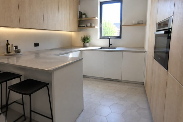 17 Minimalist Kitchen Corner Cabinet Ideas With Clean-Front Doors A modern kitchen with plain wood upper cabinets wrapping around a corner, white lower cabinets, and a stone countertop.