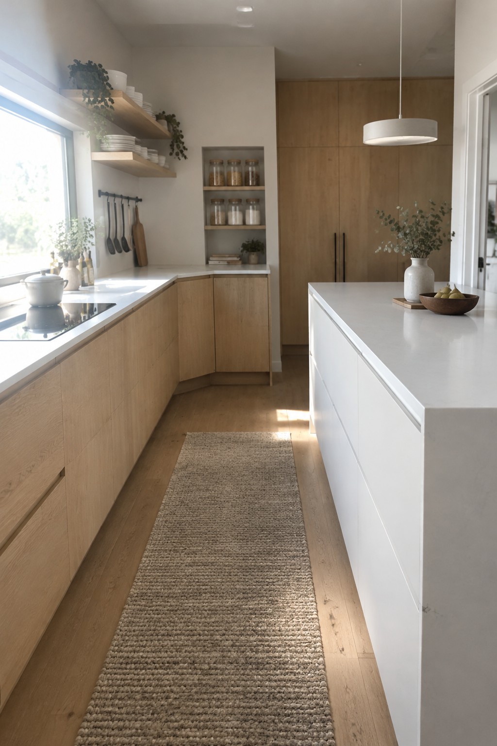 Light wood kitchen cabinets turn a corner beside a white countertop and a white island.