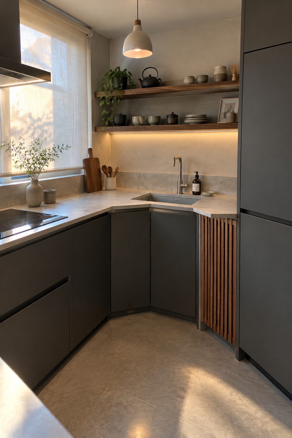 A compact kitchen with dark handleless corner cabinets, a pale countertop, and open wooden shelves.