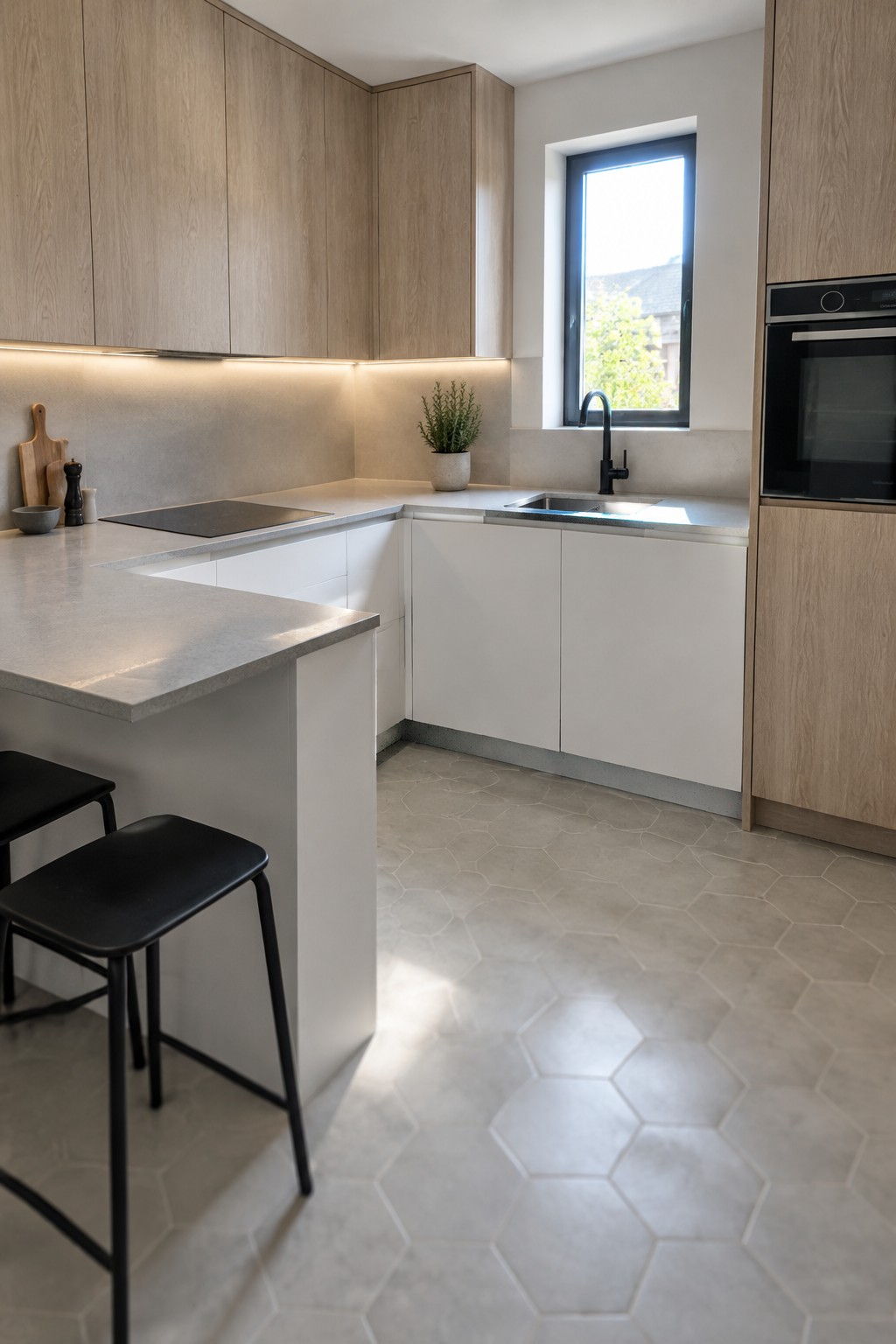 A modern kitchen with plain wood upper cabinets wrapping around a corner, white lower cabinets, and a stone countertop.