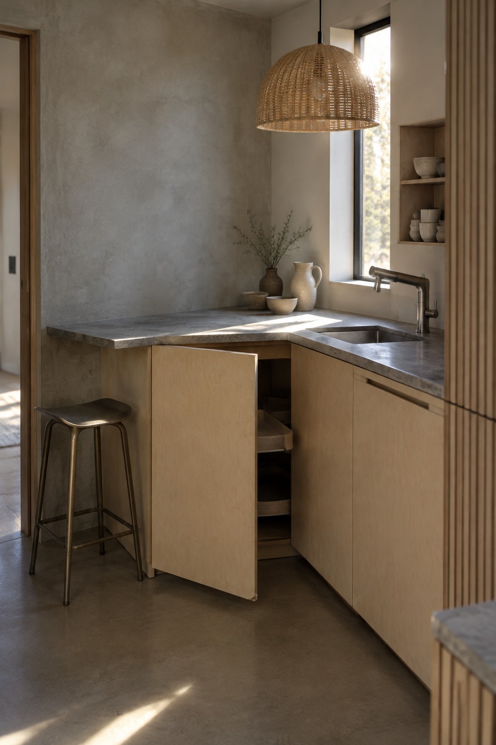 A pale wood corner cabinet door is open to show rotating shelves beneath a gray stone countertop.
