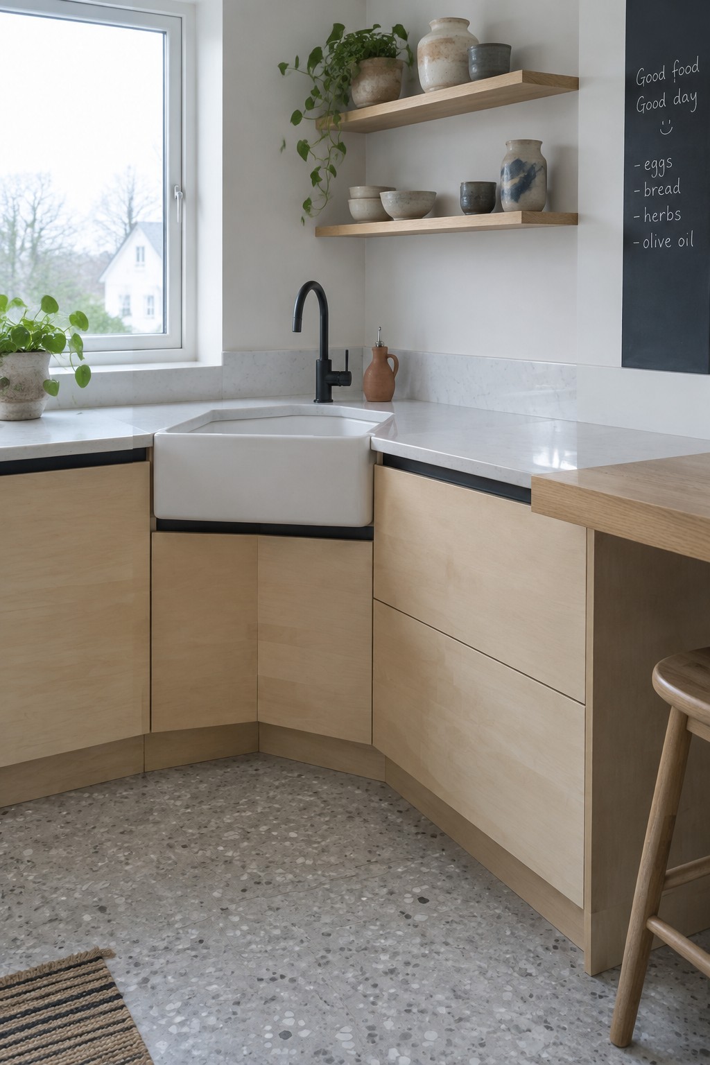 A white farmhouse sink is set into a kitchen corner above pale wood cabinets with flat fronts.