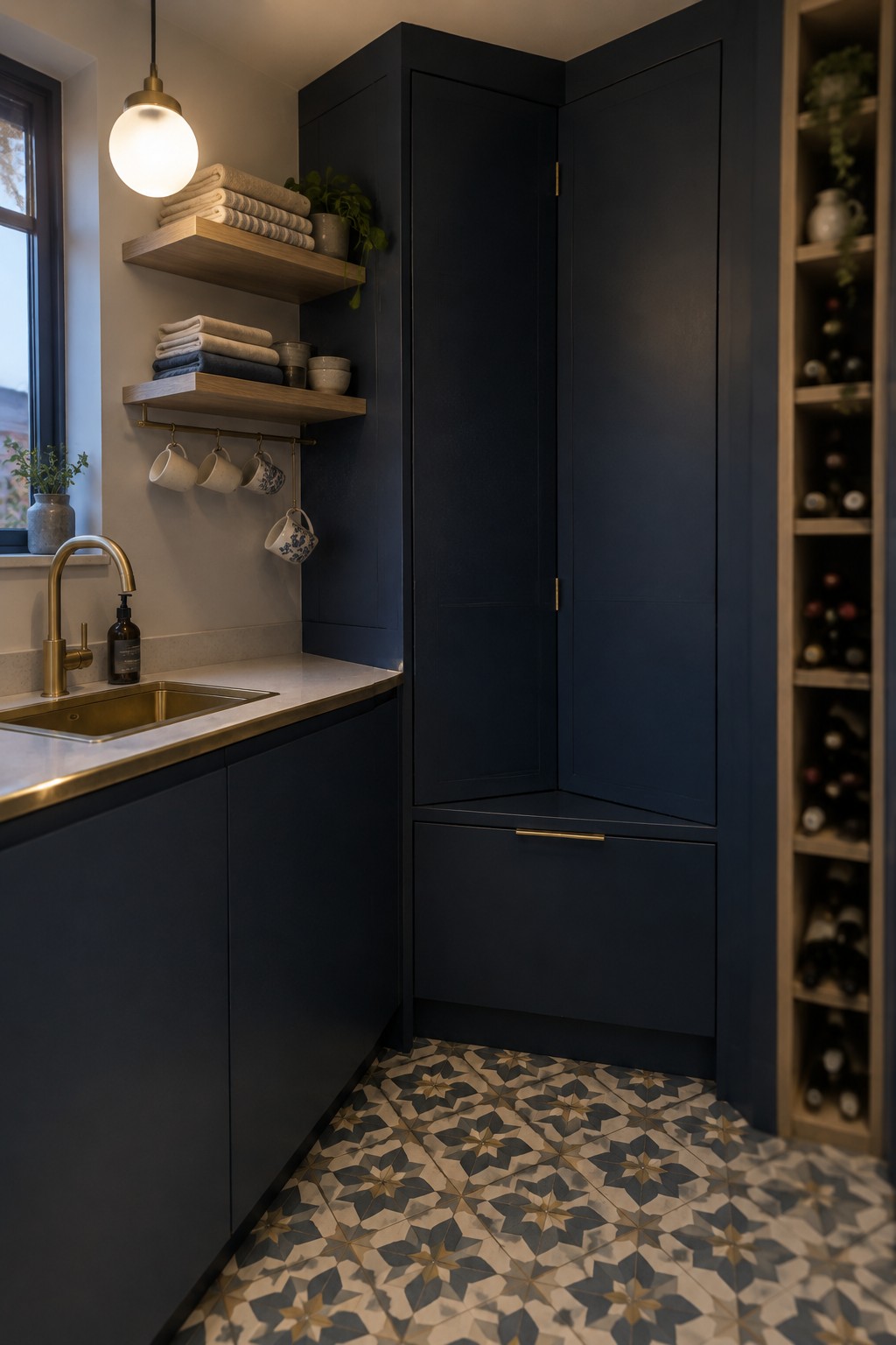 A dark navy tall corner cabinet beside a kitchen counter with a brass sink, open wood shelves, and patterned floor tiles.