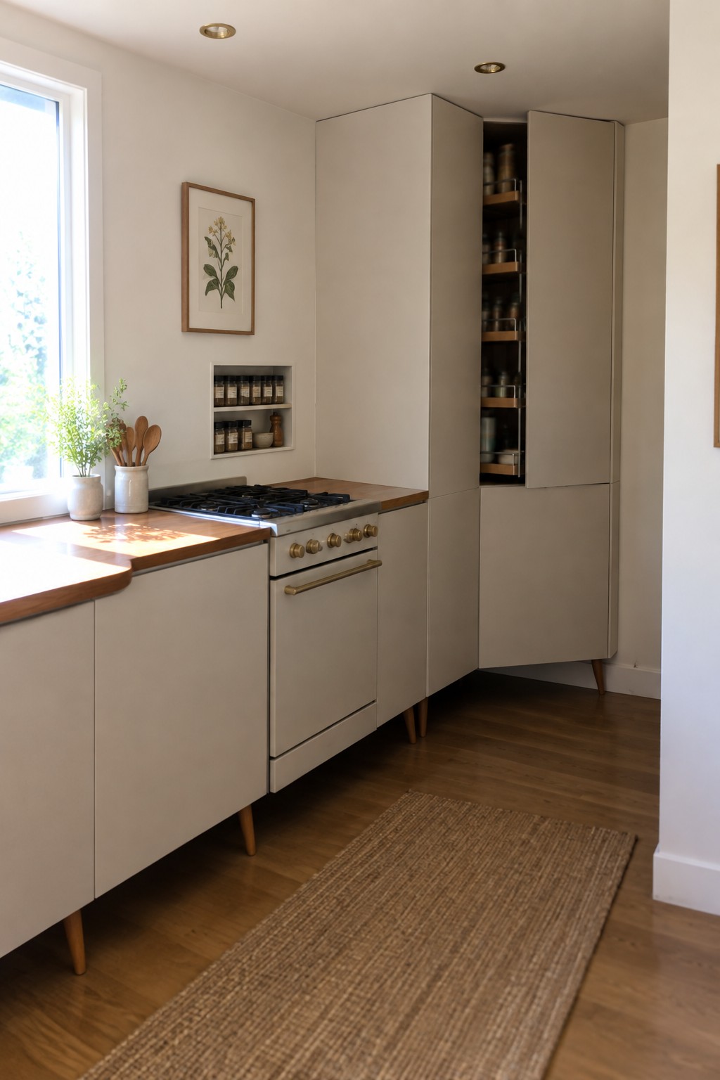 A light neutral kitchen with flat-front cabinets, a tall corner pantry, and a narrow open shelf holding spice jars.