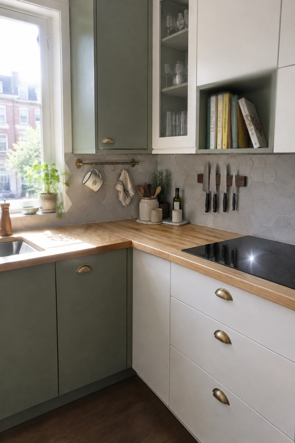 A compact kitchen with muted green and white cabinets, brass pulls, and a wood countertop wrapping around a corner.
