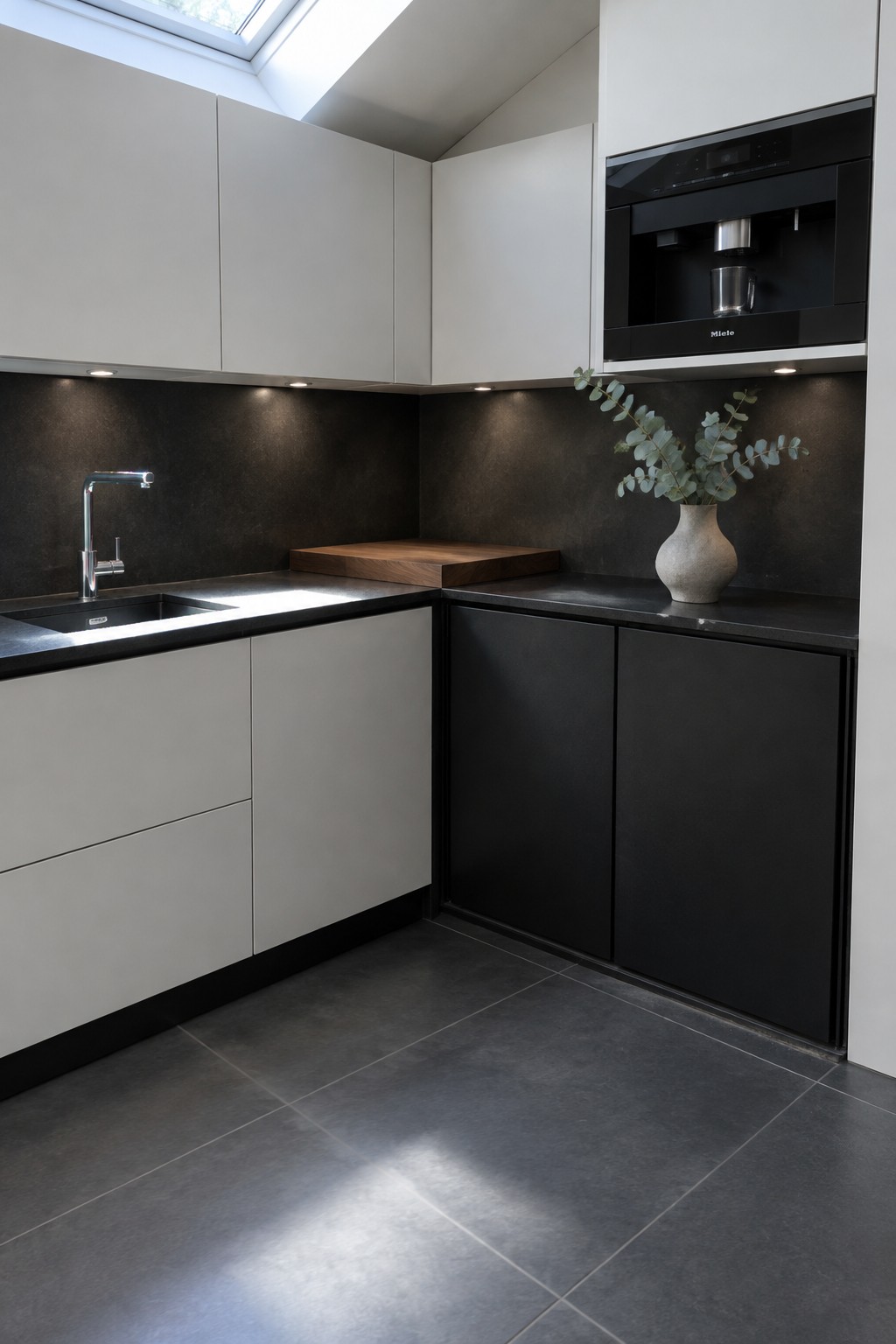 A modern L-shaped kitchen with dark flat-front corner cabinets, pale upper cabinets, black counters, and a built-in coffee machine.