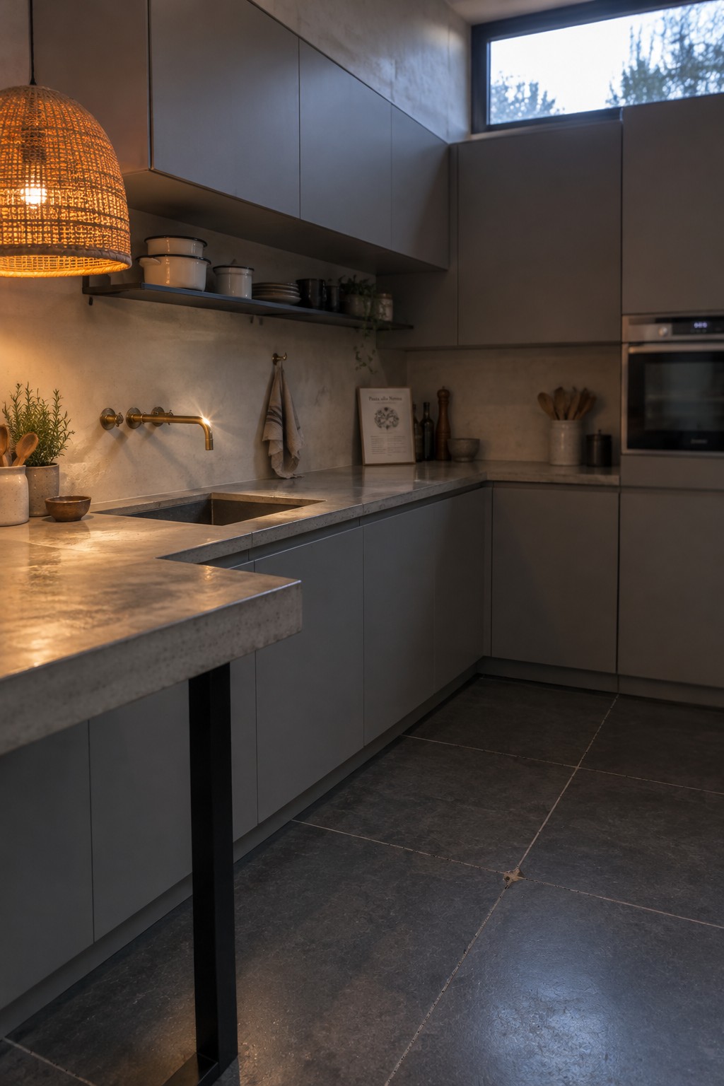 A modern kitchen with flat gray cabinets, a stone countertop, and a corner sink.