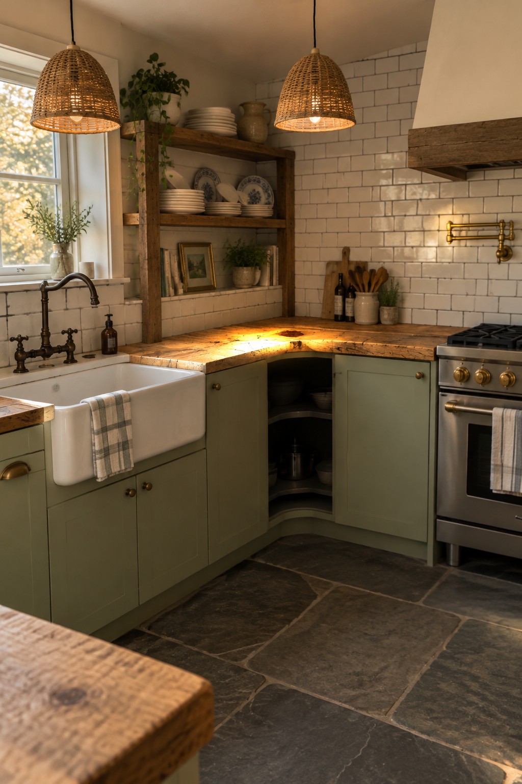 A kitchen corner with olive-green cabinets, open wooden shelves holding dishes, and a farmhouse sink beside a window.