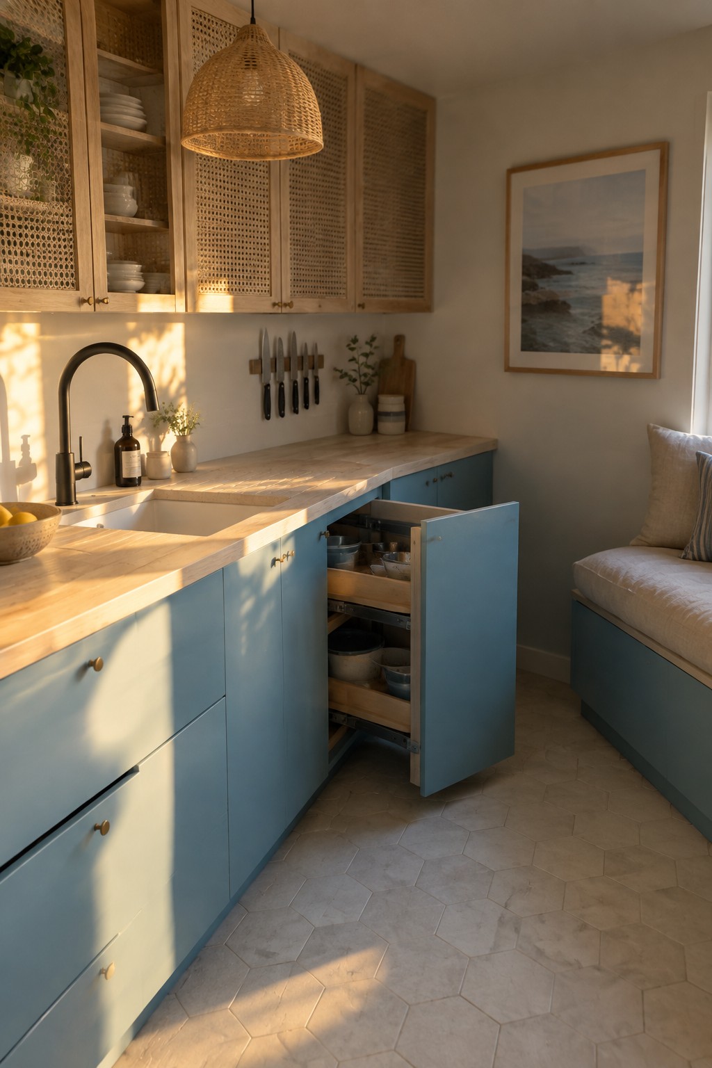 A blue lower kitchen cabinet has an open door revealing pull-out shelves with bowls and pots.