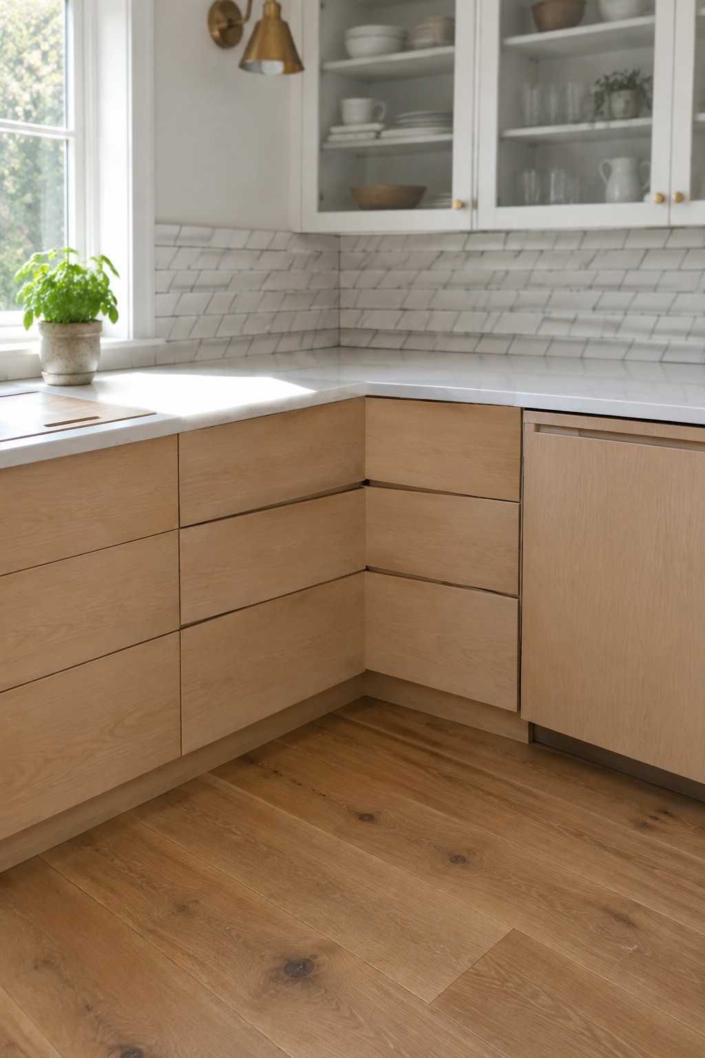 Light wood kitchen cabinets with flat drawer fronts wrap around a corner beneath a white countertop.