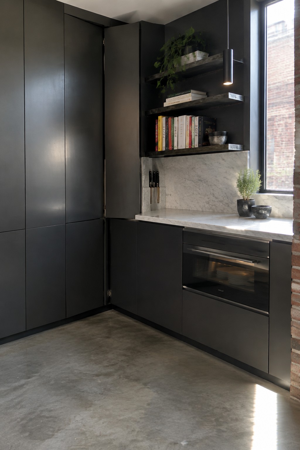 A modern kitchen corner with tall dark flat-front cabinets, open shelves, a marble backsplash and counter, and a built-in oven.