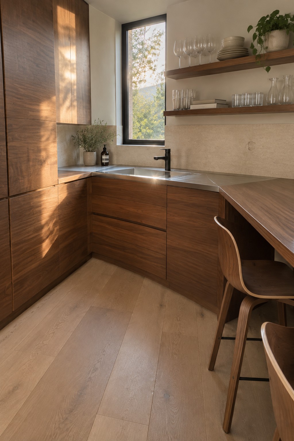 A compact kitchen with flat-front wood cabinets, a stainless steel sink, open shelves, and a narrow dining table.