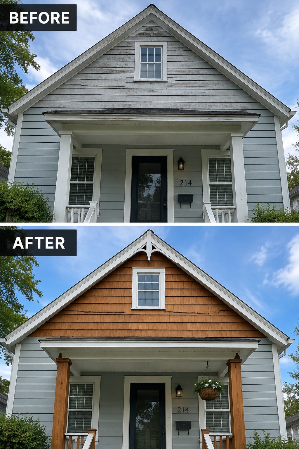 Before-and-after image of a house exterior updated with cedar-look shingles on the gable and wooden porch posts.