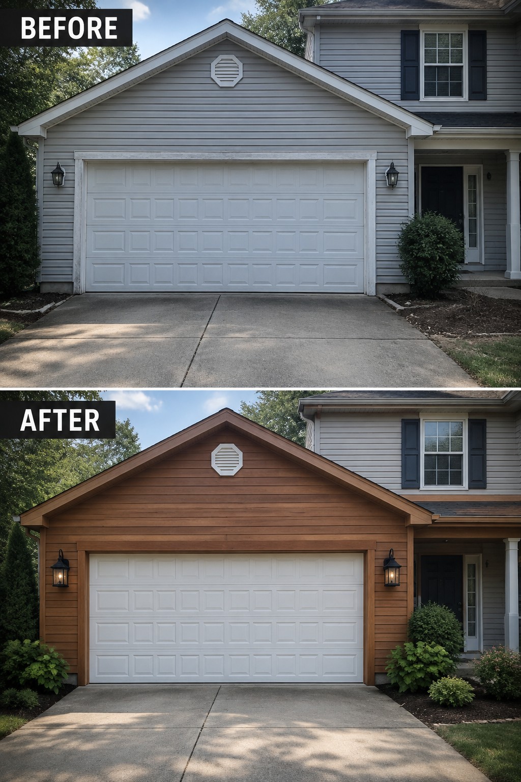 Before-and-after image of a traditional house with the front gable updated using cedar-look siding.