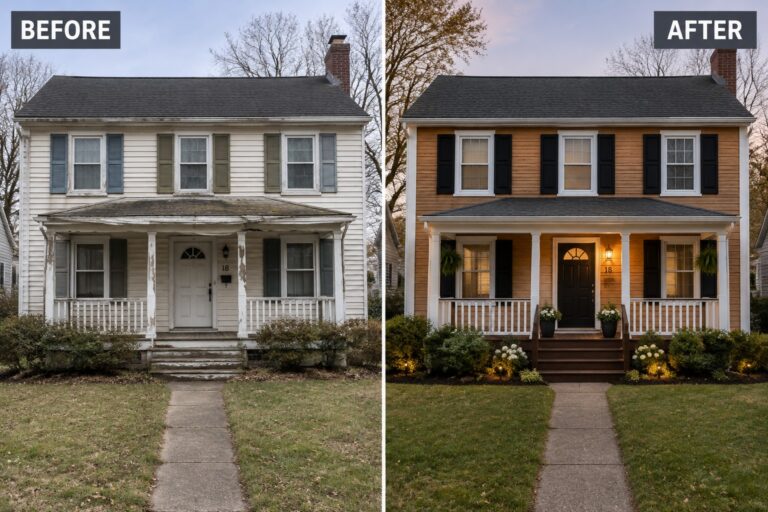18 Polished Cedar-Look Siding Before and After Ideas for Traditional Houses Before-and-after image of a two-story traditional house with faded light siding changed to a warm cedar-look finish, black shutters, and a darker front door.