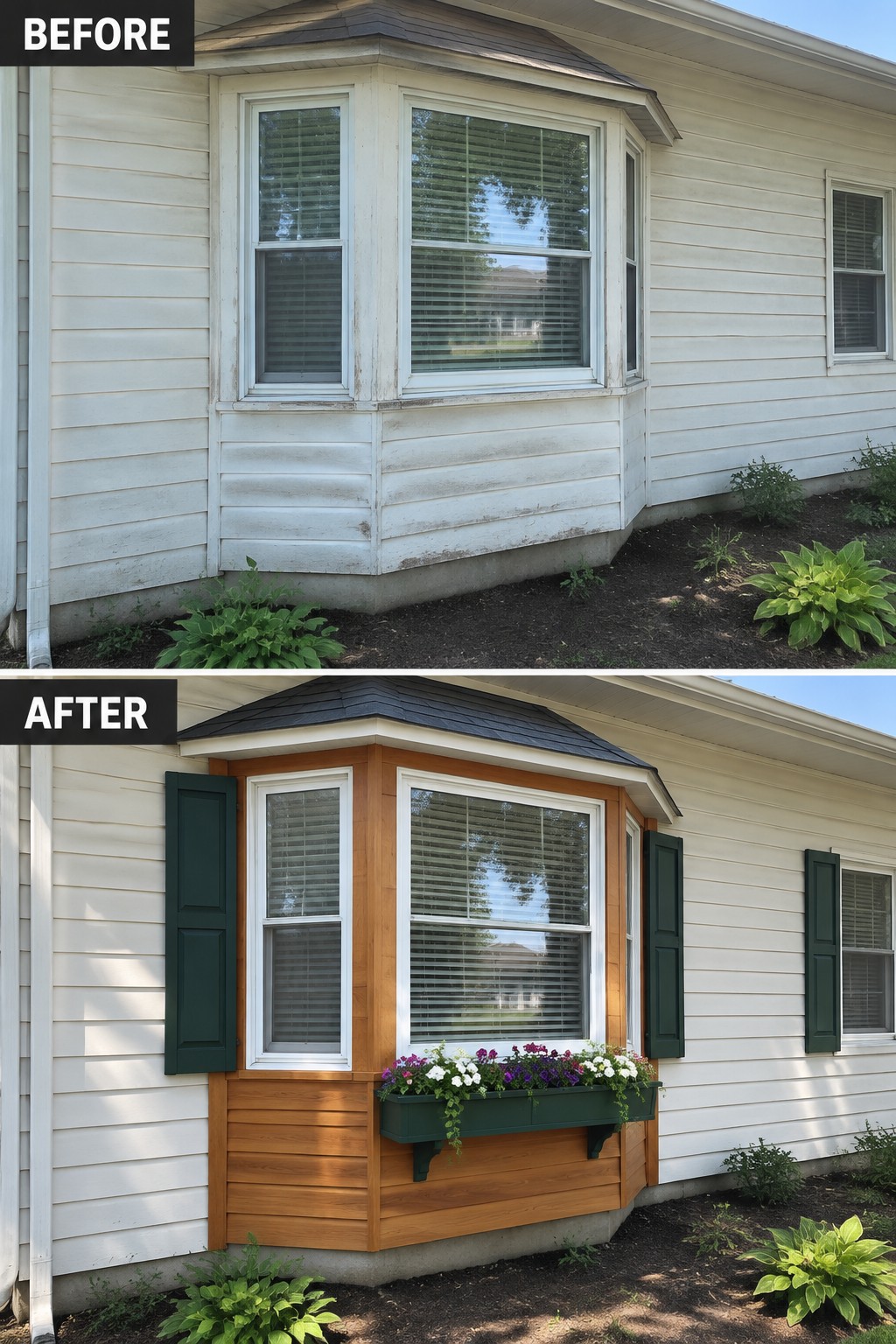 Before-and-after image of a house exterior showing a bay window updated with cedar-look siding, green shutters, and a flower box.