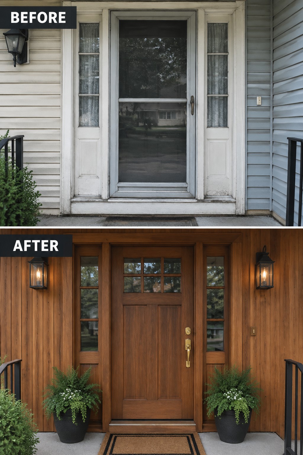 Before-after comparison of front entrance: peeling white door transformed to dark wood with plants and lanterns.