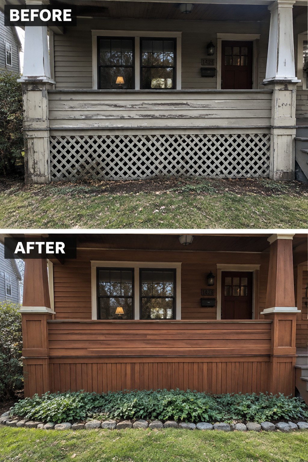 Before-and-after porch renovation: peeling paint and lattice replaced by brown wood siding with plants