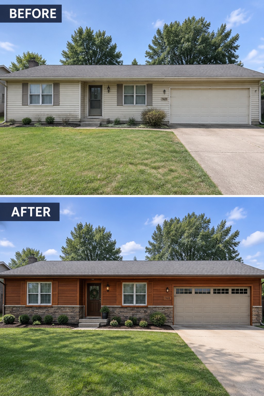 Before and after house exterior remodel with brown wood siding and stone base