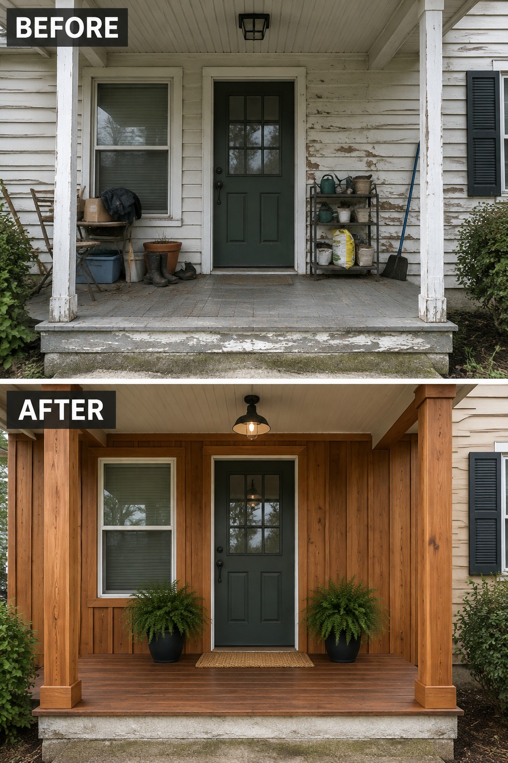 Before-and-after porch renovation: cluttered peeling paint to wood siding with ferns.